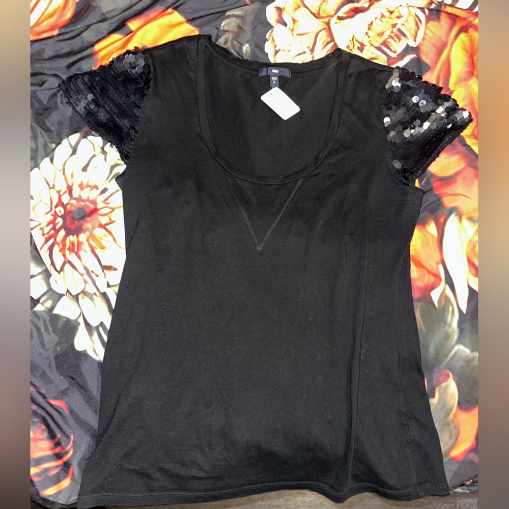 GAP Black Top with Sequin Sleeves
